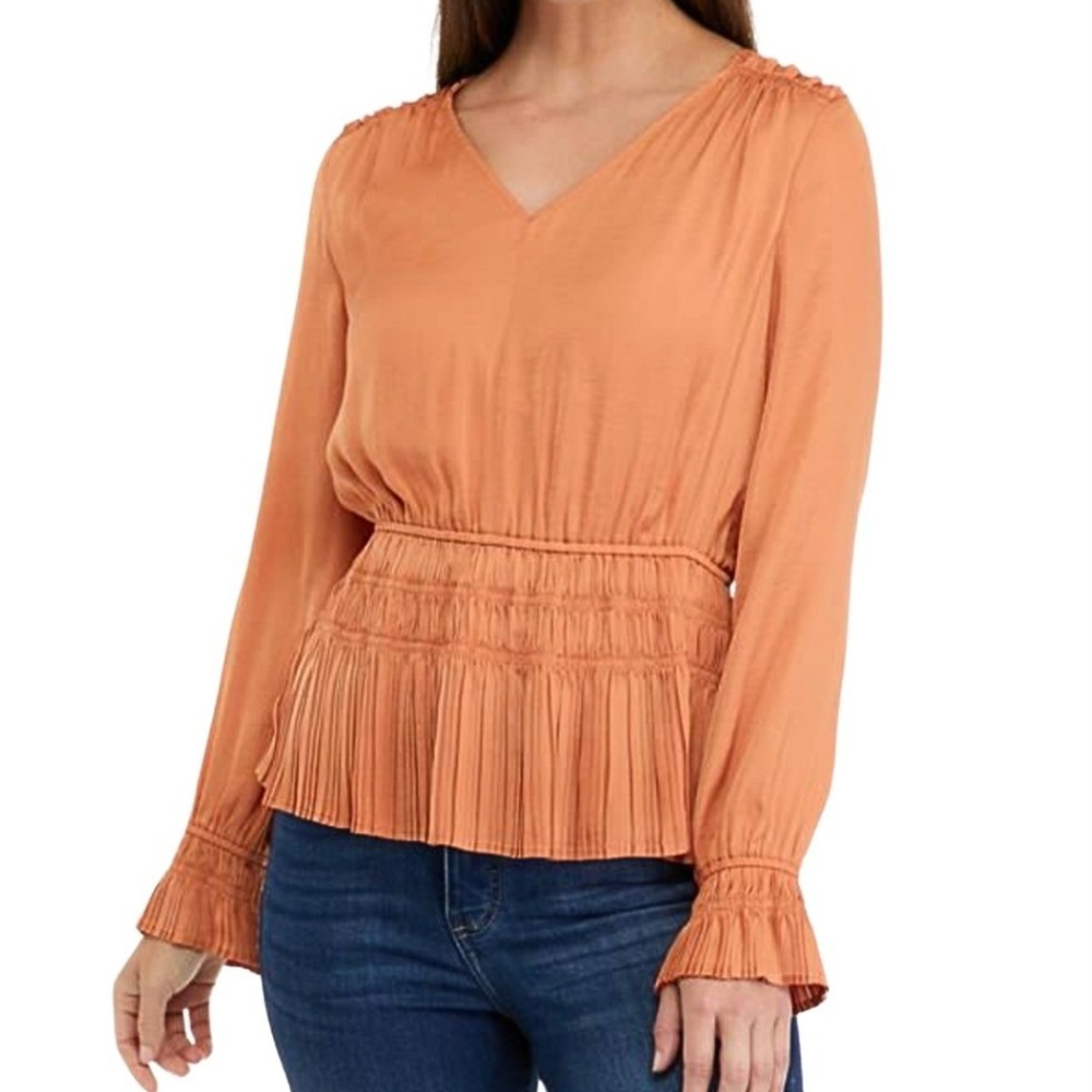 Philosophy NWT Airflow Terracotta Smocked Waist‎ Pleated Peplum Womens Blouse XL
